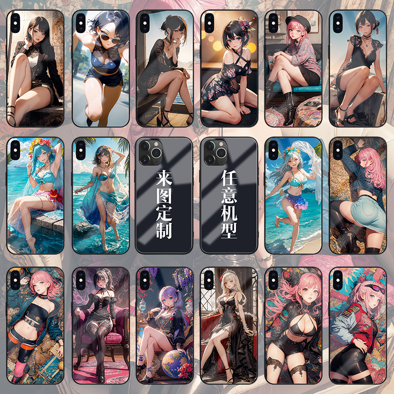 二次元女孩玻璃手机壳定制硅胶软