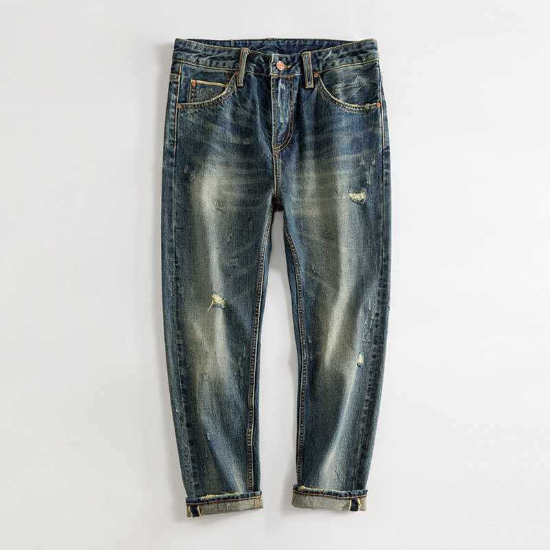 赤耳九分牛仔裤男士宽松直筒破洞割烂潮流复古时尚14盎司2024新款