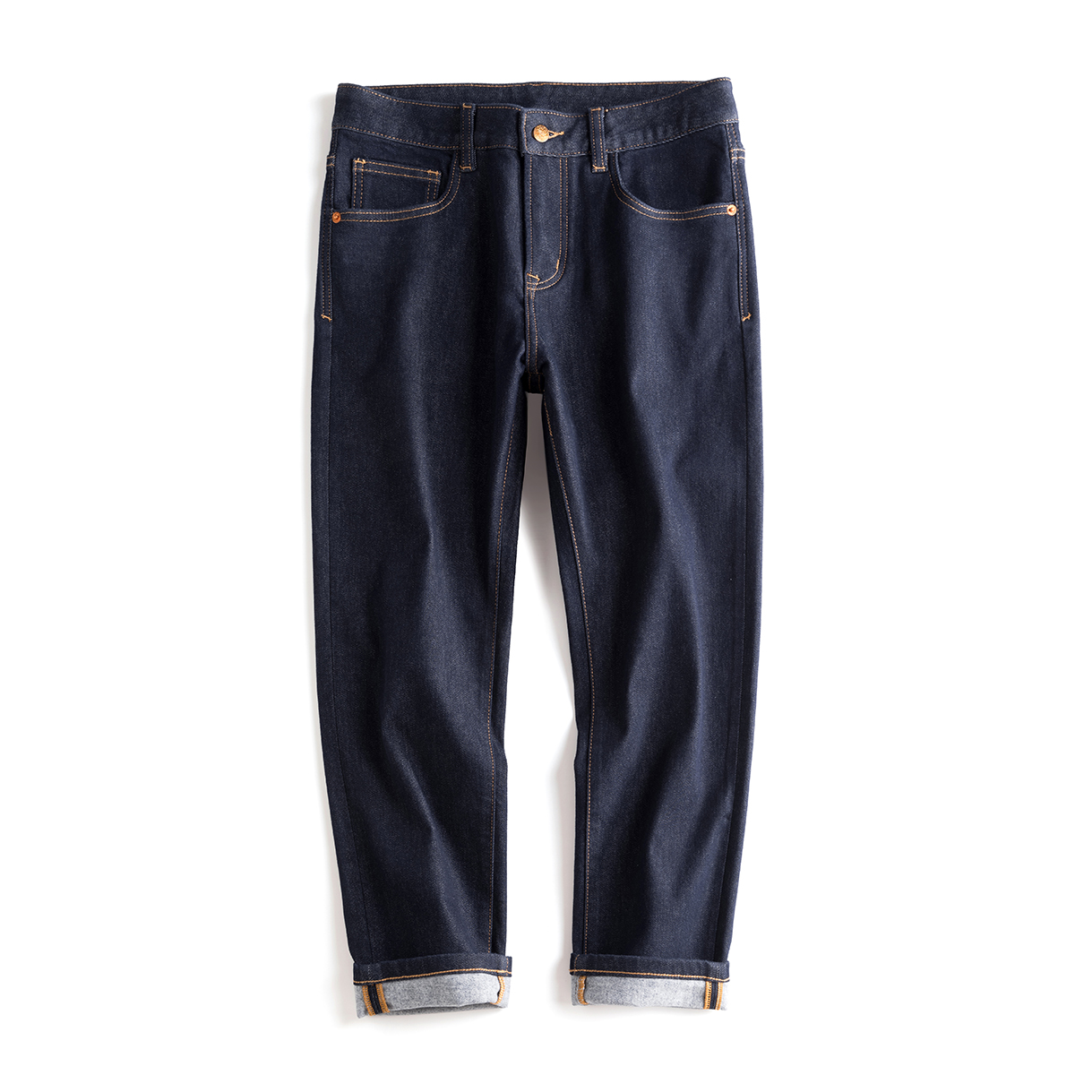 秋冬加绒羊毛牛仔裤男士深蓝色9分裤不褪色微宽松小直筒高端百搭