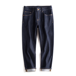 不褪色微宽松小直筒高端百搭 深蓝色9分裤 秋冬加绒羊毛牛仔裤 男士