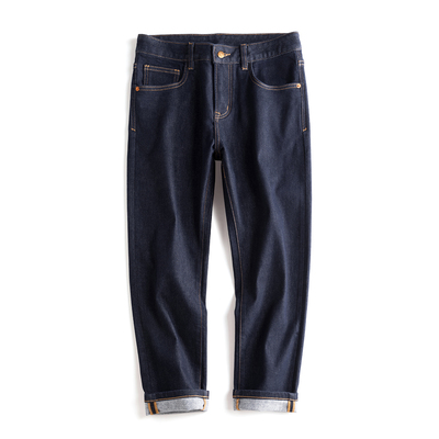 秋冬加绒羊毛牛仔裤男士深蓝色9分裤不褪色微宽松小直筒高端百搭