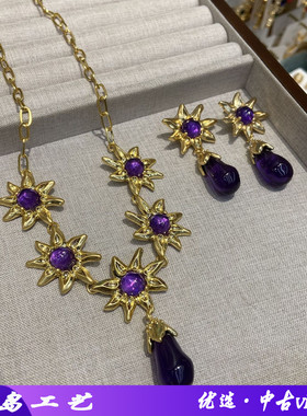 欧美新款紫色水滴琉璃太阳花项链