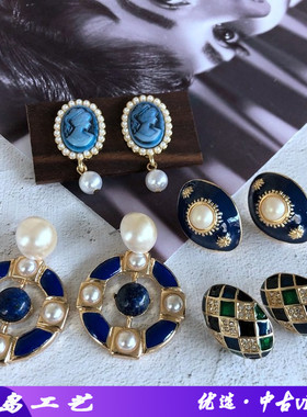 欧玛拉精美蓝色滴釉珐琅系列石头珍珠美人头925银针耳钉耳饰B94