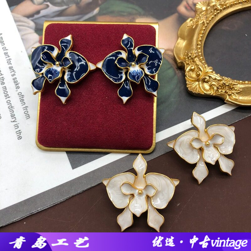中古vintage耳环神秘蓝色白色粉