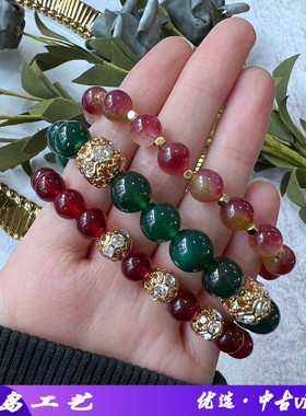 其他中古气质绿色红色琉璃珠手链