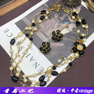 轻奢高级感中古vintage饰品套装多层珍珠石头项链山茶花耳钉百搭