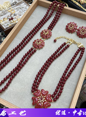 复古安哥拉红琉璃串珠双层花朵项