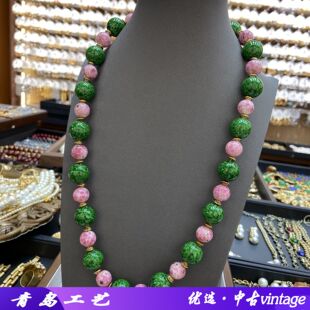 中古vintage宫廷风老料子粉蛙绿蛙拼色琉璃项链古铜隔片串珠颈链