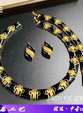 欧美黑色珐琅滴釉项圈设计感海螺耳钉耳坠中古复古黑金手链