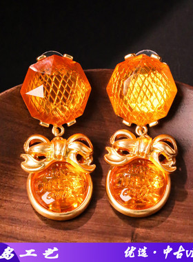 复古宫廷风蝴蝶结镂空耳钉精致轻奢风雕刻橙色耳坠耳环