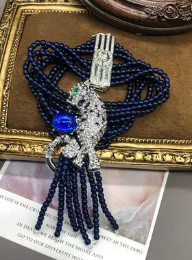 铜材质蓝色琉璃珠豹子设计感密镶