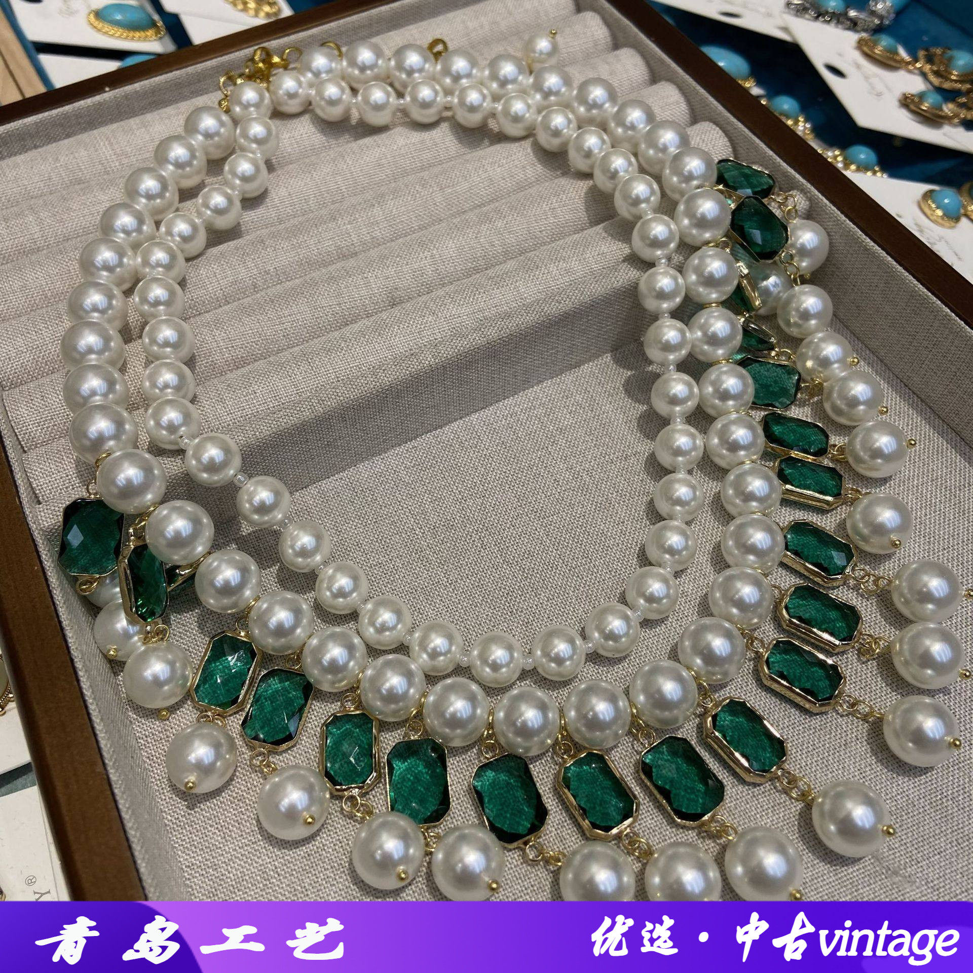 中古重工西洋施家珍珠多层短款项链镶钻蓝宝石珍珠吊坠项链毛衣链