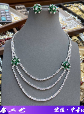 网红双层绿色菊花爪链镶钻锆石项