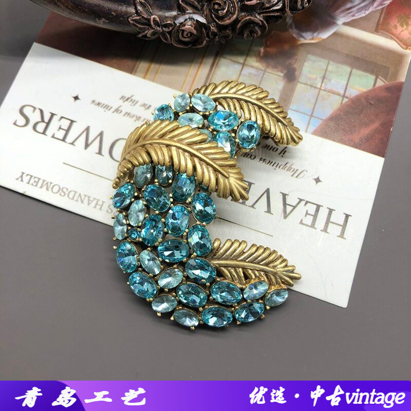 中古胸针vintage饰品做旧铜镀金满钻蓝色宝石高档树叶胸花别针