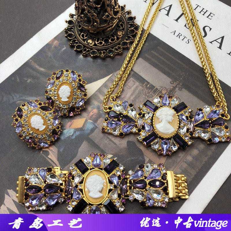 西洋中古人头像浮雕项饰耳环手链镶钻高级编织链手链项链耳钉套装