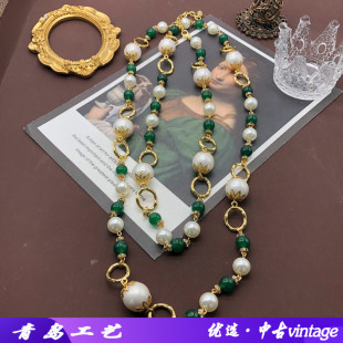 复古宫廷项饰重工长款可缠绕项链绿玛瑙马贝圆珍珠素圈项链毛衣链