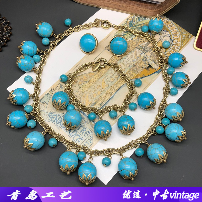 優雅復古風時尚飾品做舊金綠松石