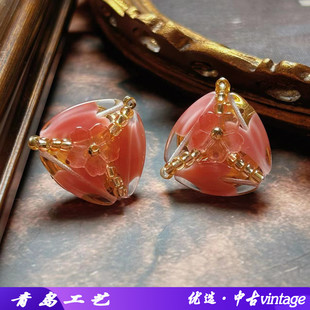 欧美中古vintage复古纯手工串珠花托编织粉色捷克琉璃百搭款耳夹