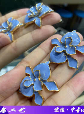 中古vintage耳环蓝色滴油珐琅釉双层花朵立体耳钉银针耳饰女