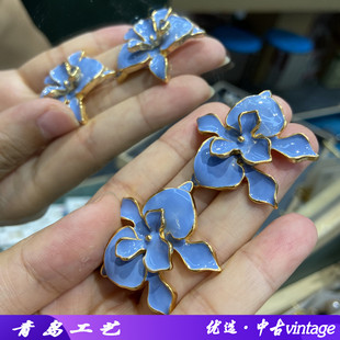 中古vintage耳环蓝色滴油珐琅釉双层花朵立体耳钉银针耳饰女