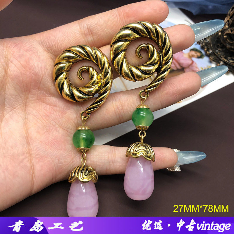 中古vintage耳环做旧金螺纹设计长款耳坠复古水滴石头珠扫肩耳钉