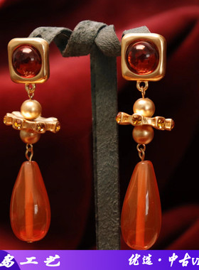 复古vintage时尚高级感橙色琉璃银针耳钉水滴吊坠气质耳坠耳夹