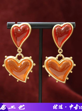复古宫廷风耳钉精致优雅橙色爱心耳坠感设计镶嵌琉璃耳饰