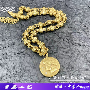 中古文艺复古简约项链复古设计感人像吊坠项链圆形金币轻奢项链