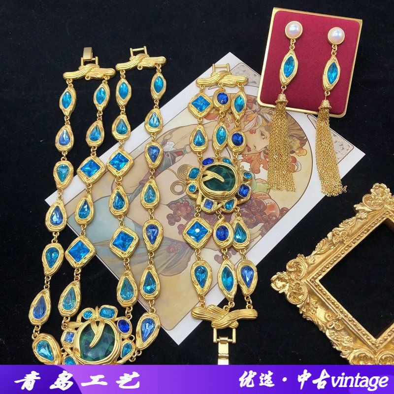 西洋中古神秘蓝色切面宝石钻镂雕设计镀真金项链手链流苏耳环套装