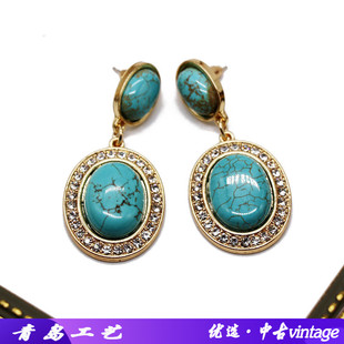 厂家供应欧美复古质感夸张椭圆绿松石耳钉密集宝石钻石头耳环耳坠