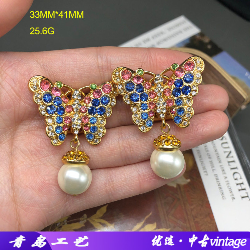 vintage中古耳饰彩色宝石镶嵌珍