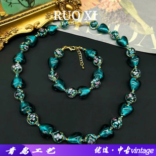 西洋中古vintage意大利老琉璃复古爱心古董穆拉诺欧泊琉璃项链