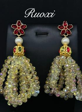 若曦中古vintage新中式玻璃水晶花朵黄色流苏长款民族耳环耳