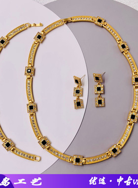 中古vintage西洋复古黑色莫桑钻电镀真金亚光金银针套装项链