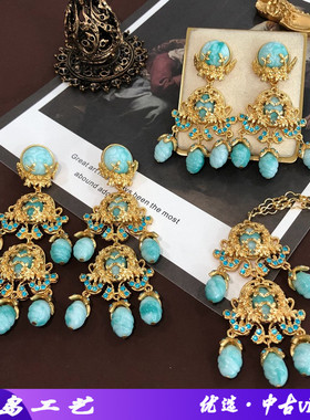 蓝色大扫肩耳钉耳夹项链电镀真金中古重工耳环毛衣链厂家直播货源