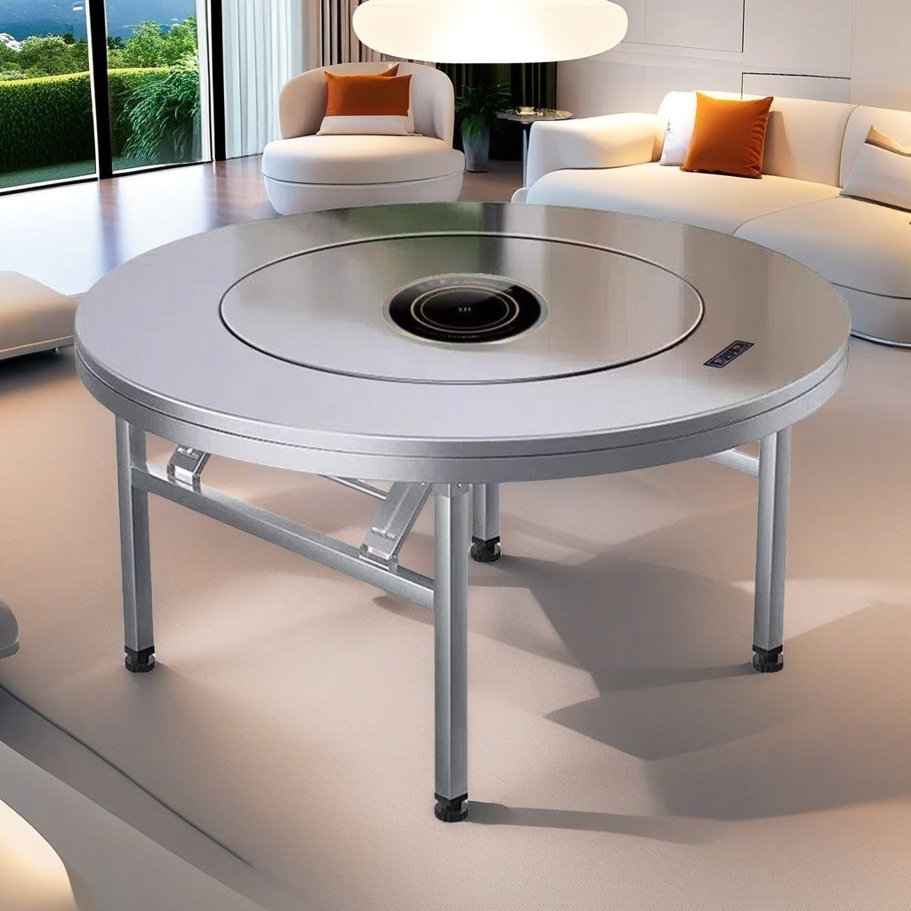 特厚304不锈钢转盘圆桌电磁炉火锅桌家用餐桌饭桌商用圆台折叠桌,住宅家具,不锈钢/PVC餐桌,淘宝优惠券,粉丝福利购,淘宝优惠卷