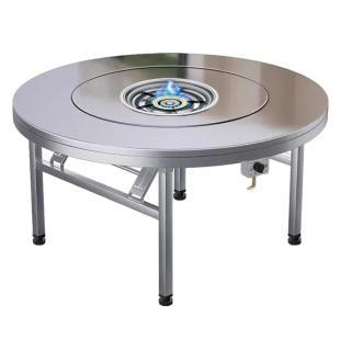 304不锈钢圆桌下沉式 煤气炉一体火锅桌带转盘餐桌饭桌电磁炉可选