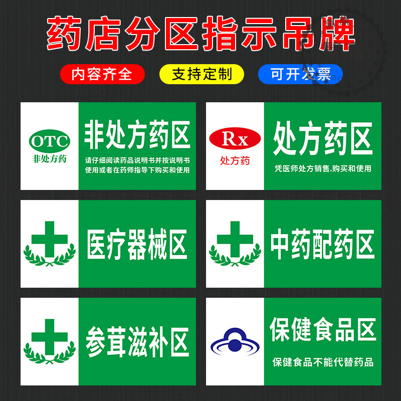药店分区牌双面挂牌吊牌药品区中药区收银台区域划分标识牌指示牌指引导向牌药房吊牌货架分布摆放标志牌定制