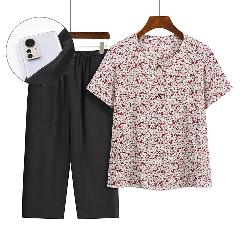 中老年人女装夏季开衫妈妈装圆领套装老太太两件套夏天老人衣服女