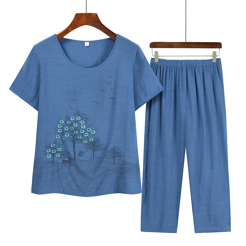 中老年女装妈妈装夏季套装老年人棉麻衣服女老太太短袖上衣两件套