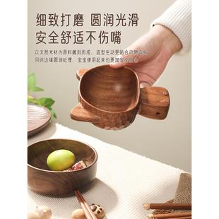 可爱猫咪实木碗家用餐具防摔防烫儿童吃饭碗带手柄碗筷子勺子套装
