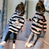 卡通打底衫 女童宽松T恤新款 圆领条纹中长款 卫衣中大童韩版 潮 春装