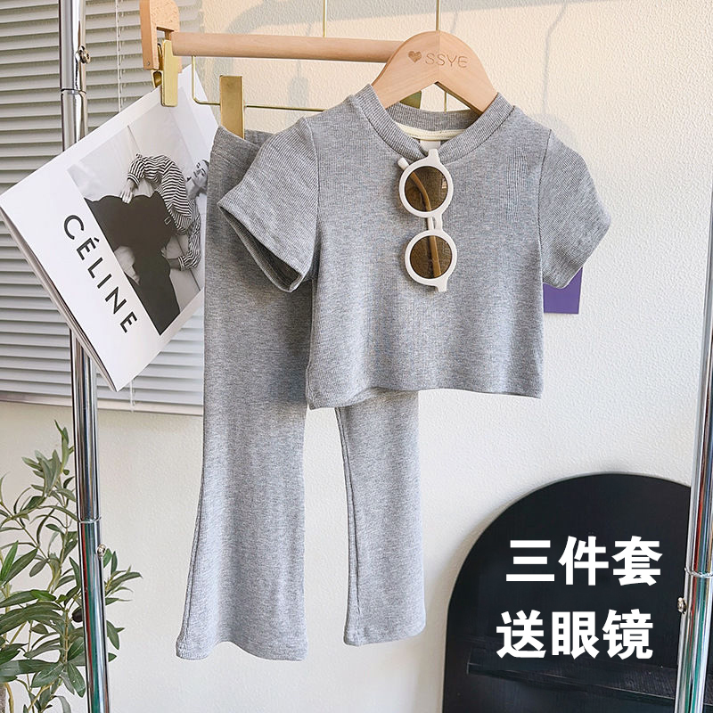 夏季女童洋气喇叭裤套装高品质宝宝童装小女孩大弹力洋气韩版短袖