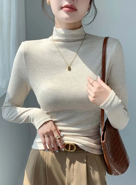 H393半高领打底衫女秋冬季保暖长袖t恤修身显瘦纯色百搭中领上衣