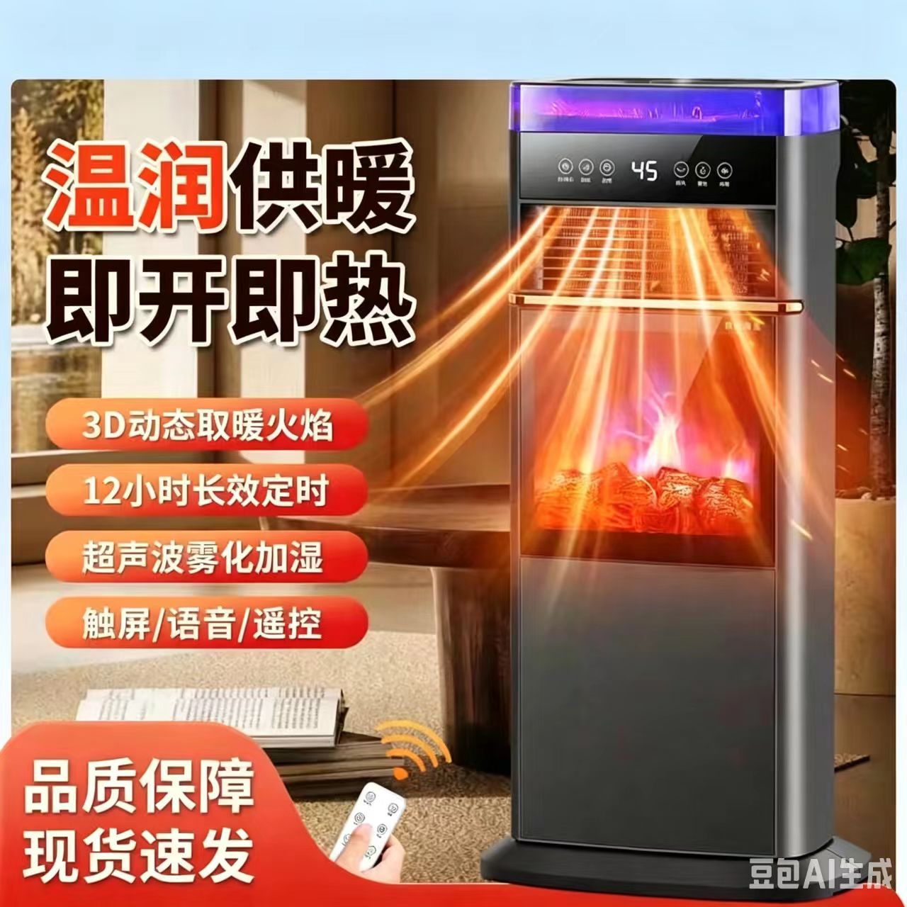 2026新款取暖器3D雾化壁炉暖风机仿真火焰蒸汽加湿器语音遥控壁炉