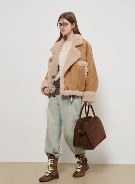 松弛time翻领麂皮绒羊羔毛皮毛一体加厚毛毛外套女机车服2025冬季