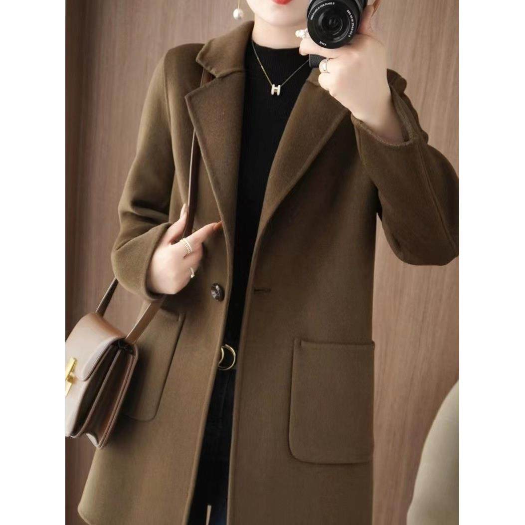 新款双面羊绒大衣女中长款西装双面呢小个子羊毛呢子工装毛呢外套