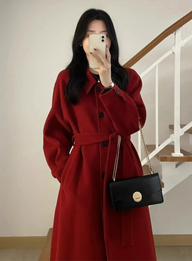 酒红色毛呢外套女秋冬装韩系大码胖MM220斤宽松小个子呢子大衣