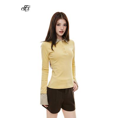 FISSXS 修身显瘦翻领刺绣POLO衫女拼接撞色打底长袖上衣