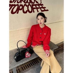 外套百搭设计感毛衣 mode假两件红色毛衣撞色格纹针织开衫 1ess